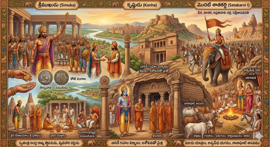 Historical illustration of Satavahana founders Srimukha, Kanha, and Naganika with ancient coins, inscriptions, and the Amaravati Stupa in the background