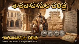 Historical image of Satavahana dynasty featuring a King, Amaravati Stupa, and ancient coins