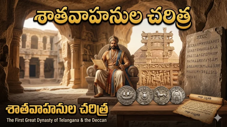 Historical image of Satavahana dynasty featuring a King, Amaravati Stupa, and ancient coins